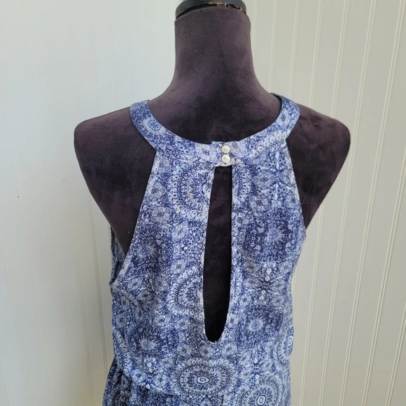 Pink Rose Juniors Ruffle Strappy Romper Pink Blue White Florals Rayon Sz L - Picture 2 of 12